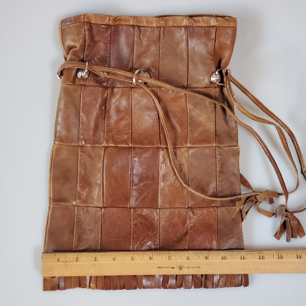 Vintage Patchwork Leather Drawstring Purse Bag - image 5